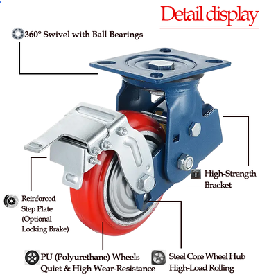 Harga yang bagus Beban Beban 400KG Tugas Berat Shock Absorbing Casters Caster Tunggal Kunci PU Roda 8 '' Kereta Peralatan Medis on line