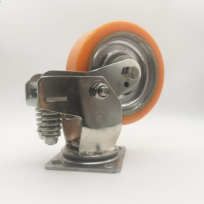 Kalite Endüstriyel Kullanım için Çift Yaylı Şok Emme Paslanmaz Çelik Muhafaza ve 6 İnç PU Tekerlekli Ağır Hizmet Tekeri Fabrika