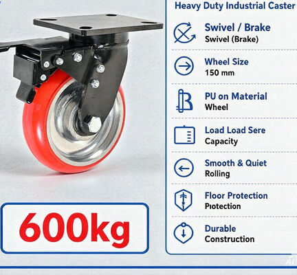 Bom preço 6 polegadas carregador de freio pesado 600kg PU roda fechável núcleo de alumínio absorvente de choque on-line