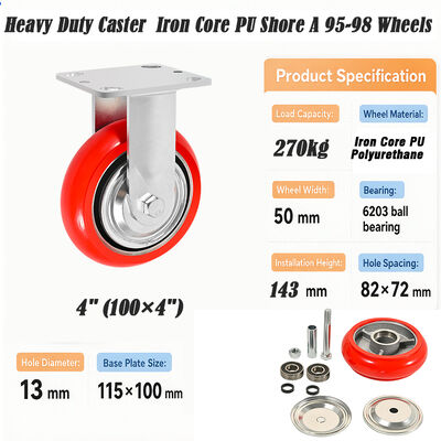 Quality 4 Inch Heavy Duty Iron Core Polyurethane PU Caster  270kg Load Top-plate 5.5mm steel bracket  maintenance cart. factory