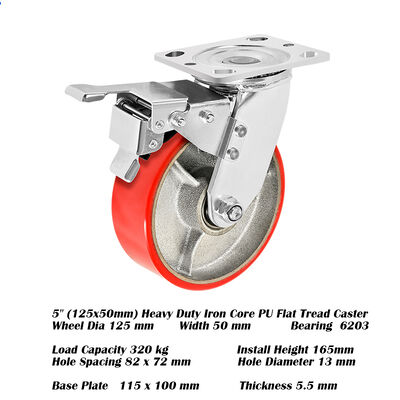 Kalite 5 Inch Heavy Duty Iron Core Cast Flat Polyurethane PU Caster 125mm Flat Floor Equipment için yaysız casters Fabrika